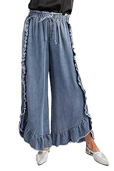 Easel Ruffle Denim Pants Washed Denim/S at Amazon Women's